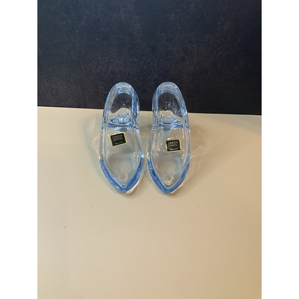 Pair Oneida Hand Cut Blue 24% Lead Crystal Glass Slippers With Box